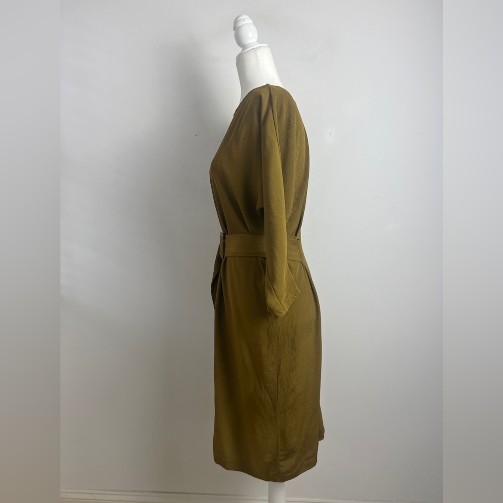 Massimo Dutti Size 4 Olive Green Chic Minimalist Textured Knee Length Dress‎ - Picture 5 of 9